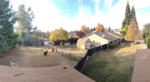 overhead view of house and property showing a large shed, cross fencing, trees, rabbit hutch, and fence