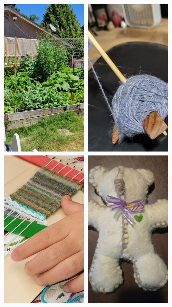 collage top right garden top left Turkish spindle with blue yarn, bottom left kid weaving, and bottom right white felted teddy bear