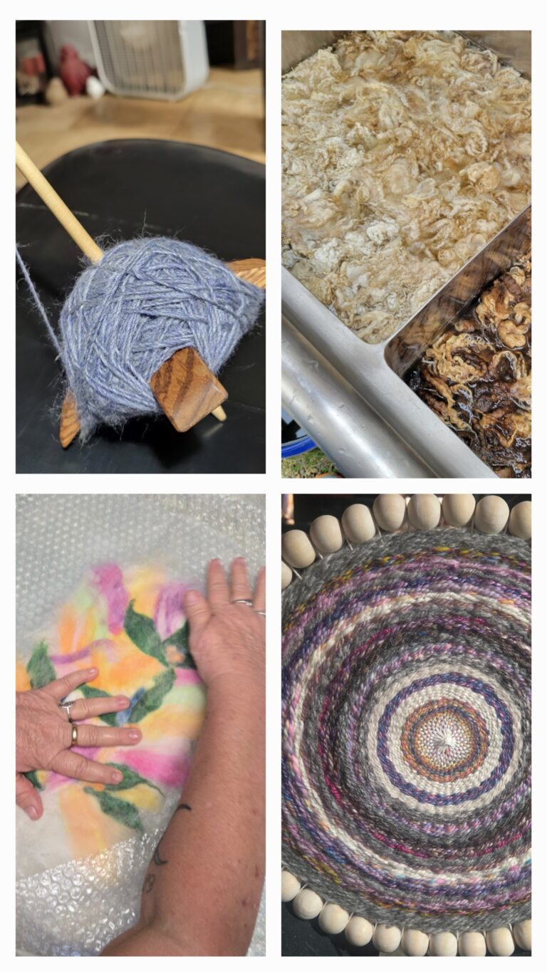 Collage of fiber arts Top left Turkish Spindle, Top right Scouring Fiber, Bottom left wet felting, bottom right weavnig