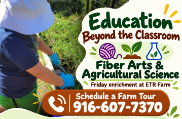young kid in white hat working in a garden, ad for gardening and fiber art classes